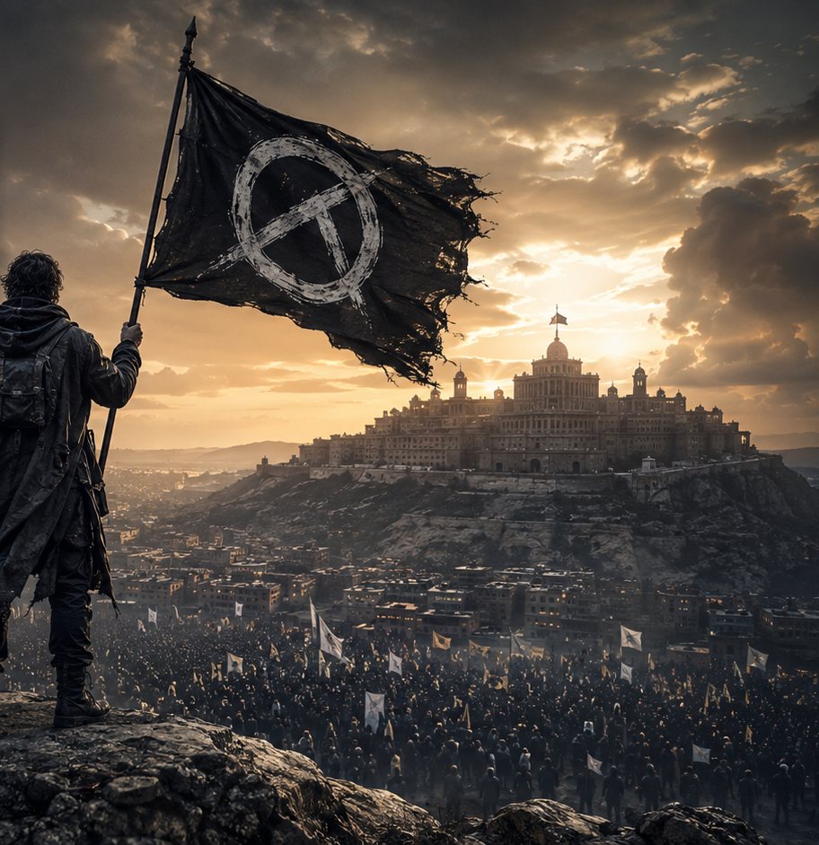 Editorial illustration of a lone figure carrying a black flag above a city facing a hilltop fortress at sunset.